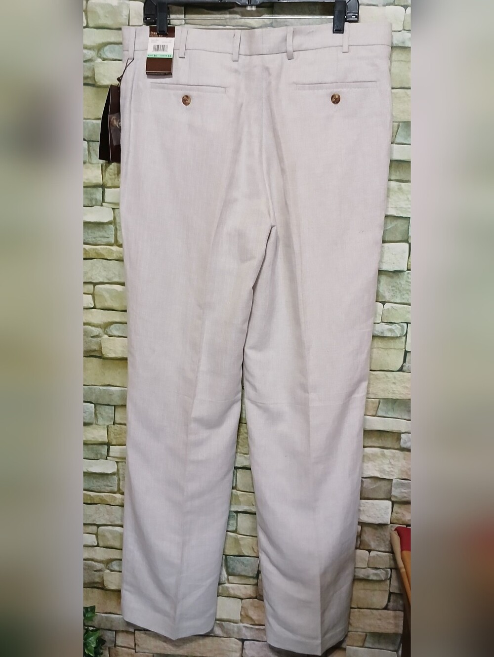 New 34x34 Perry Ellis Beige Dress Pants Tailored Flat-Front Straight Slacks - Picture 2 of 6